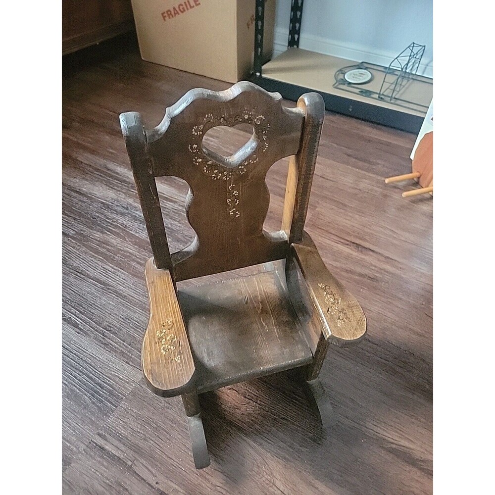 Wooden Doll Rocking Chair Heart Cutout Handmade 17" Hand Painted Cottage Kitchy